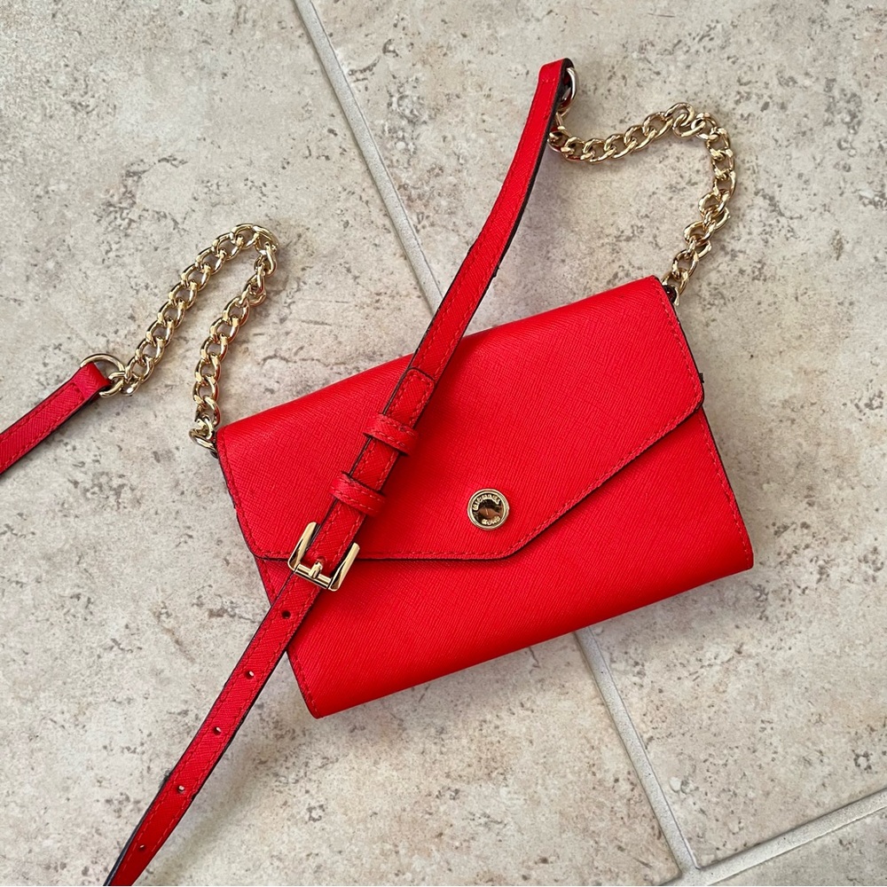 Michael Kors Cherry Red Mini Crossbody Bag with Gold Chain Everyday Casual Purse - Picture 1 of 12